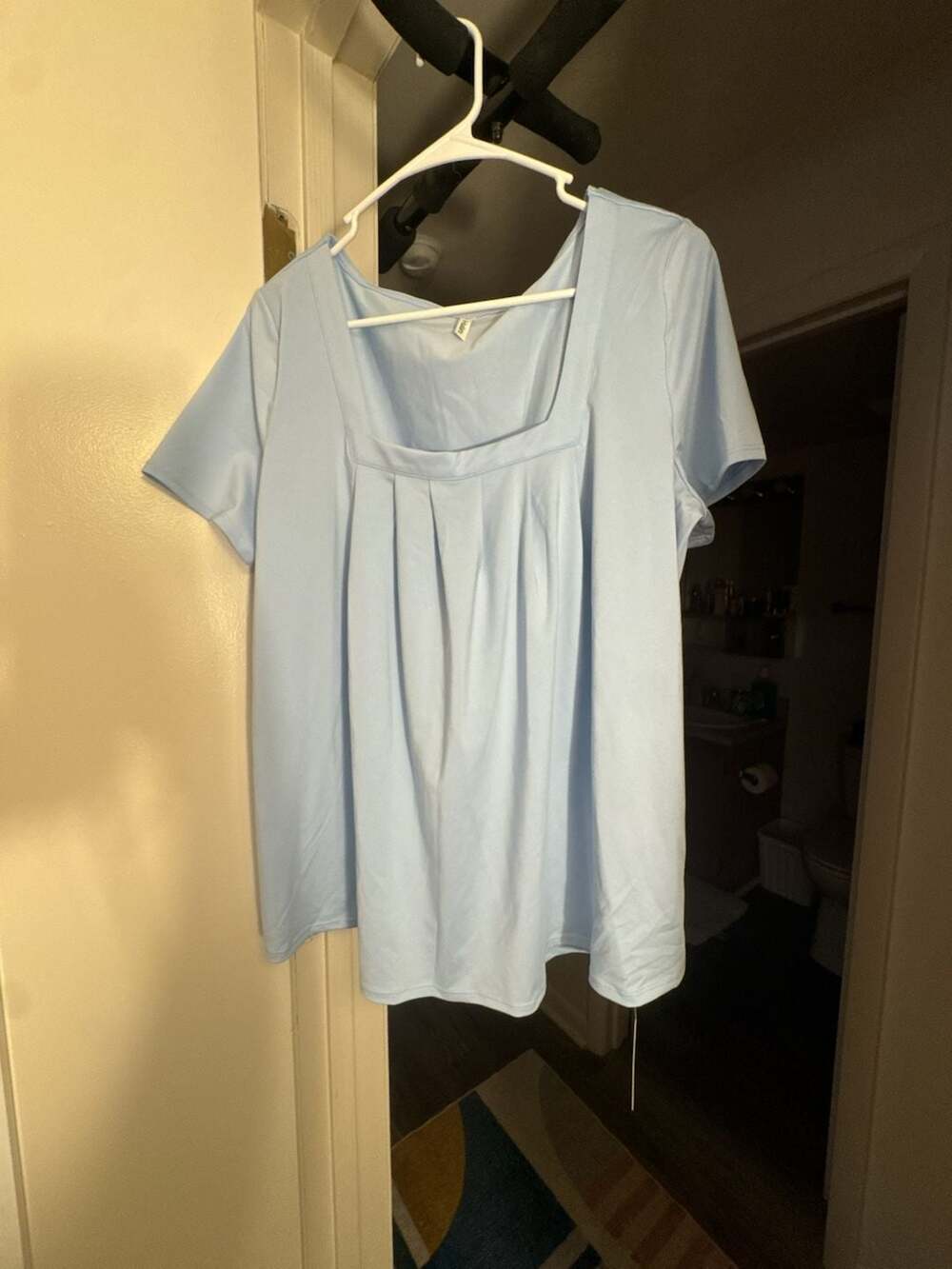 Halara Women's Light Blue Short Sleeve Square Neck Pleated Casual Top